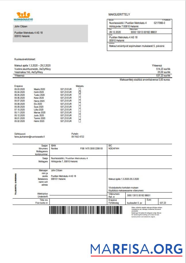 Blank Finland Nuorisosäätiö Youth Foundation bill template in Word format